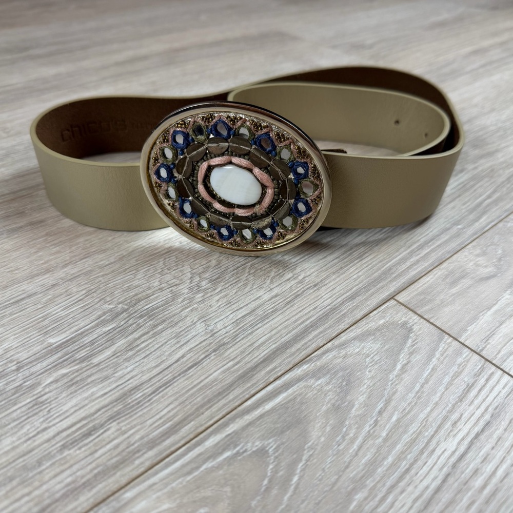 Chico's Gold‎ Leather Belt Pink Purple Mirrored Beaded Boho Beauty Buckle Size M
